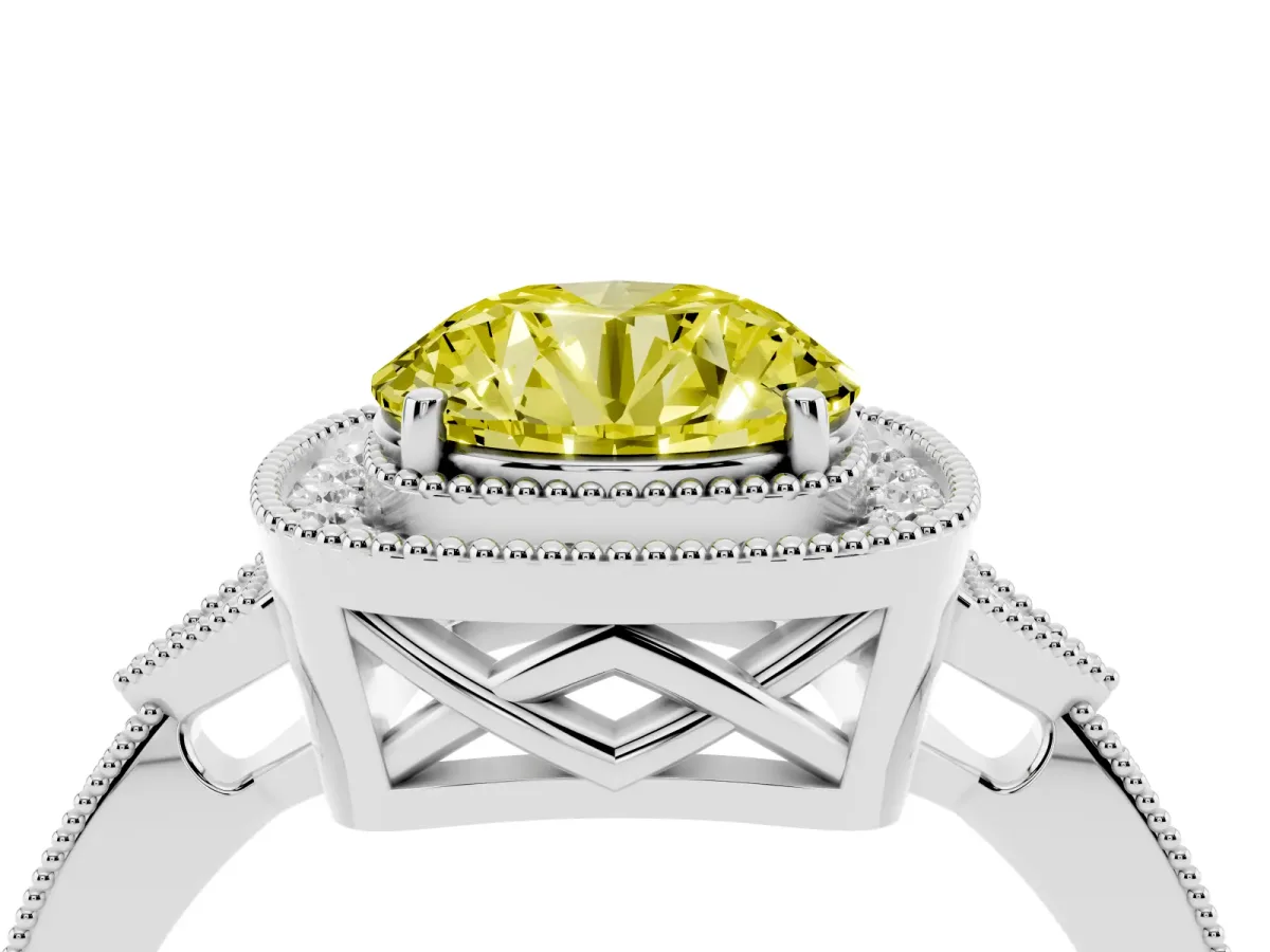 Fancy Yellow Round Cut Halo Round Diamond Milgrain Pave Engagement Ring Silver