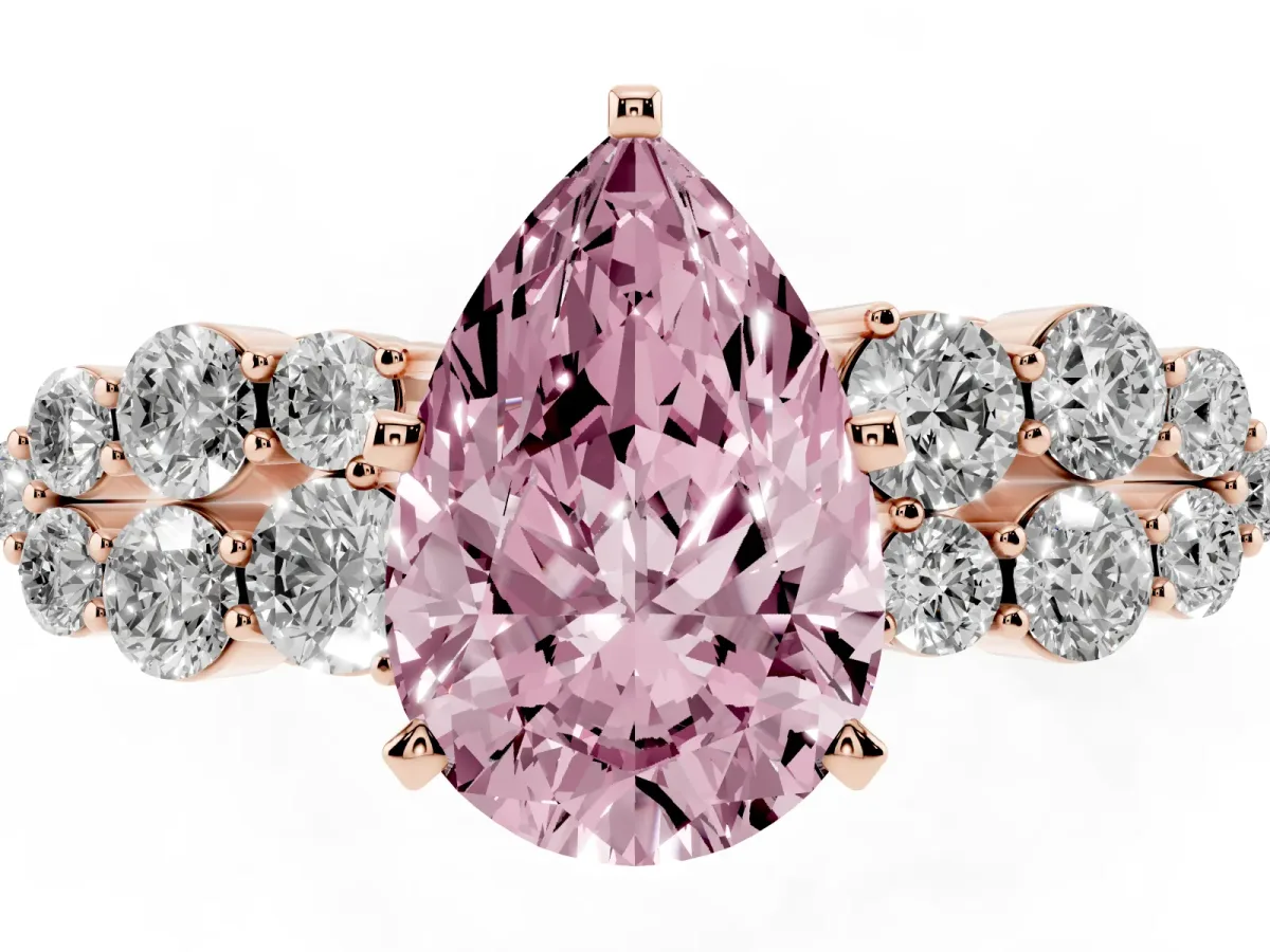 Fancy Pink Pear Cut Cluster Diamond Engagement Ring with Pavé Band and Four-Prong Setting Rose gold