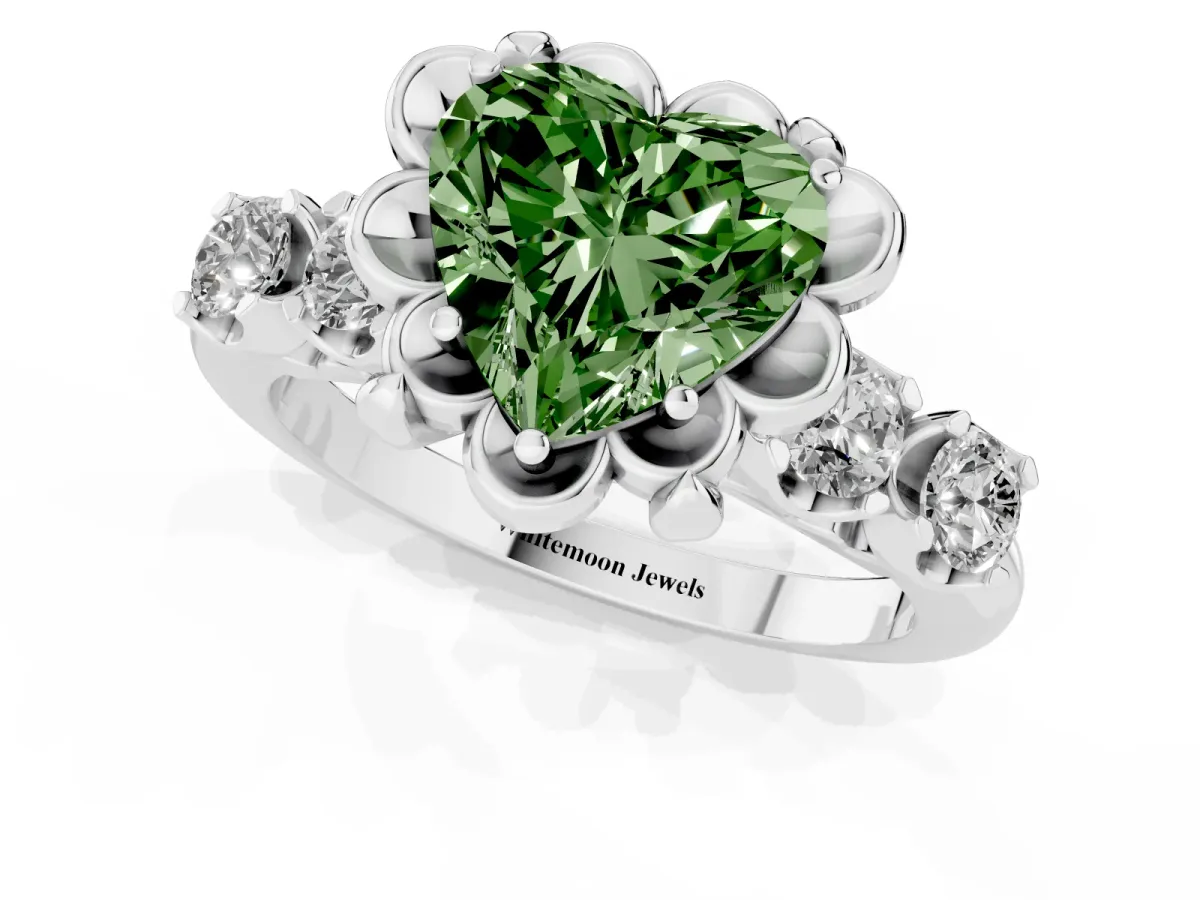Fancy Green Heart Cut Cut Diamond Floral Halo Engagement Ring with Shared Prong Setting Platinum