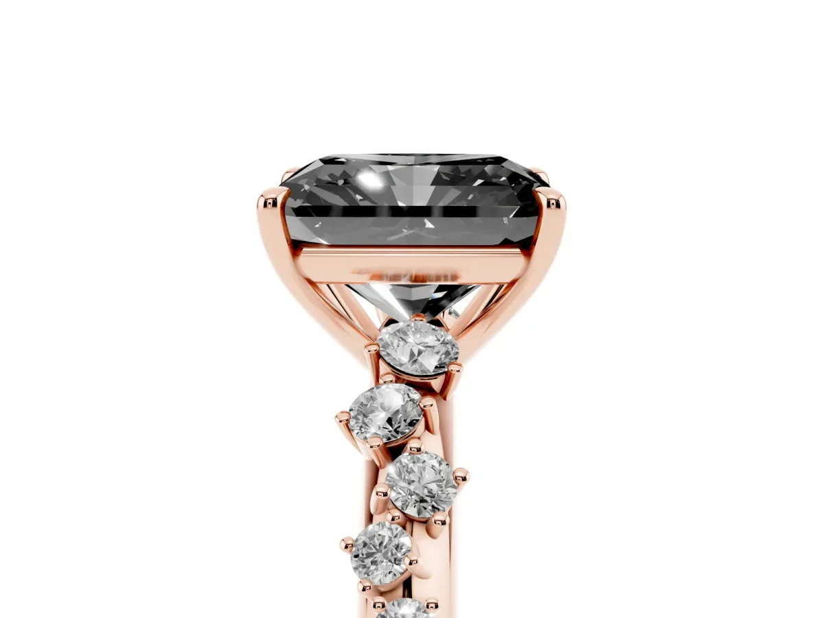 Fancy Black Radiant Cut Diamond Cluster Side Stone Solitaire Ring with Prong Setting Rose gold