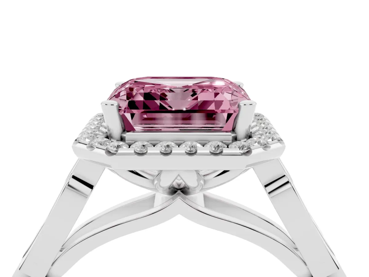 Fancy Pink Asscher Cut Halo Diamond Engagement Ring with Filigree Band and Four-Prong Setting Platinum