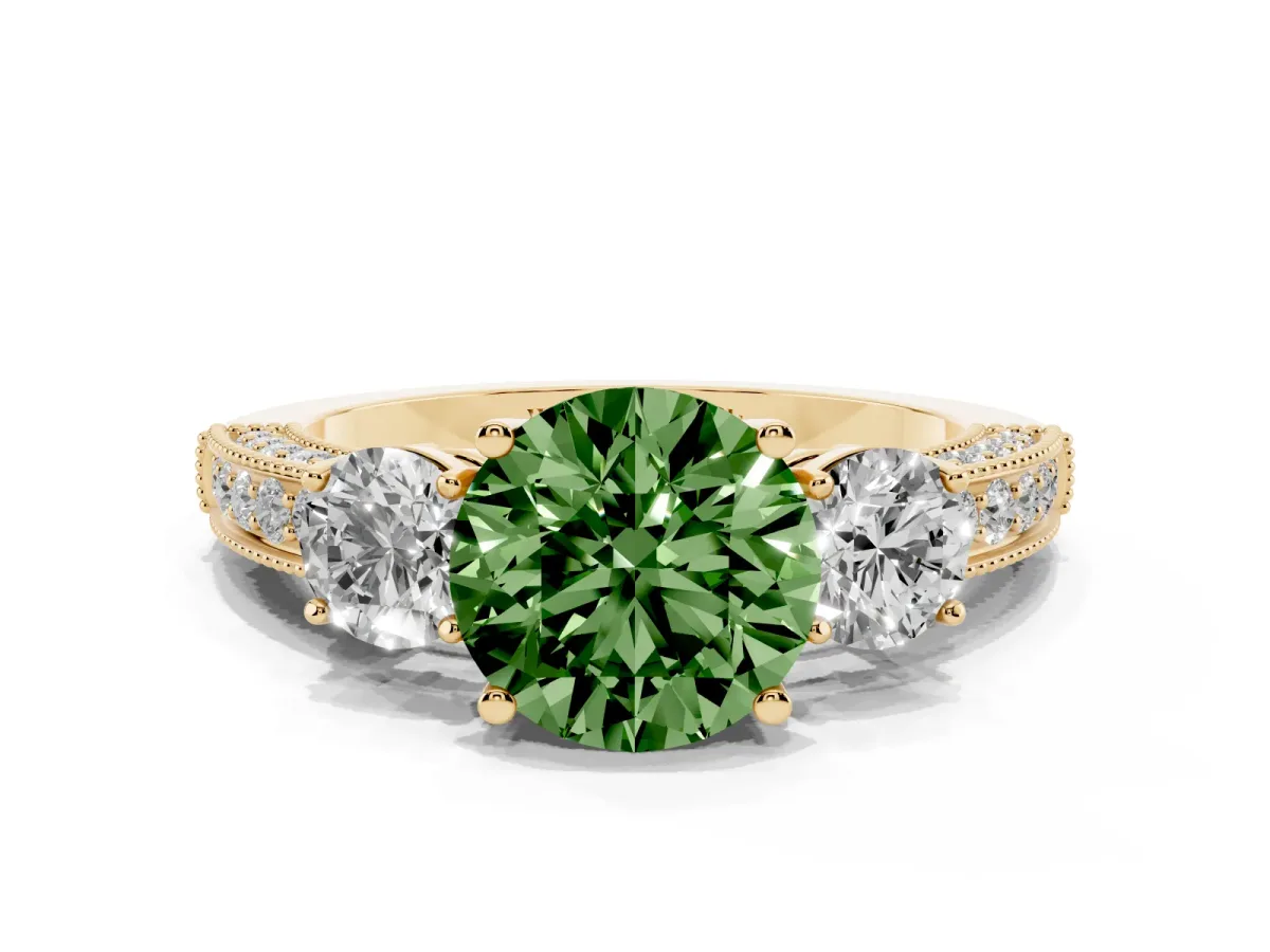 Fancy Green Round Cut Three-Stone Diamond Ring with Pavé Band and Four-Prong Setting Yellow gold