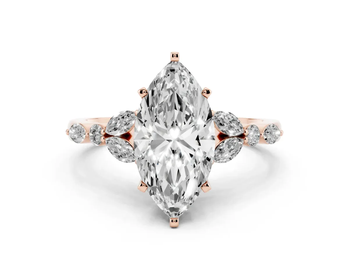 Marquise Cut Diamond Solitaire Ring with Side Stones and Four-Prong Setting Rose gold