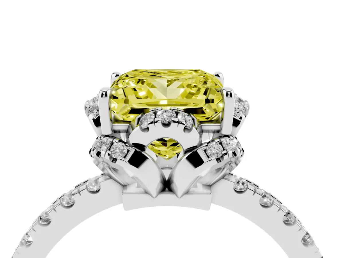 Fancy Yellow Princess Cut Diamond Halo Pave Band with Four-Prong Setting Silver