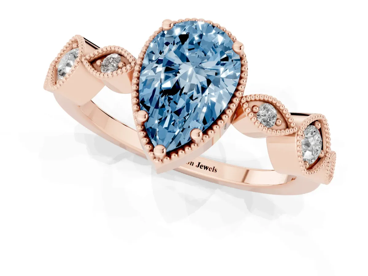 Fancy Blue Pear Cut Diamond Vintage Milgrain Ring with Round Stations Rose gold