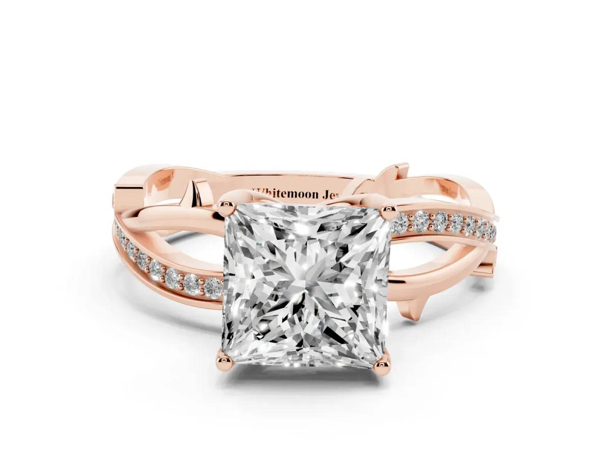 Princess Cut Solitaire Twist Band with Pavé Accents and Four-Prong Setting Rose gold