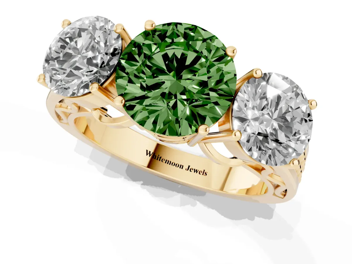Fancy Green Round Cut Diamond Three-Stone Ring with Prong Setting and Textured Band Yellow gold
