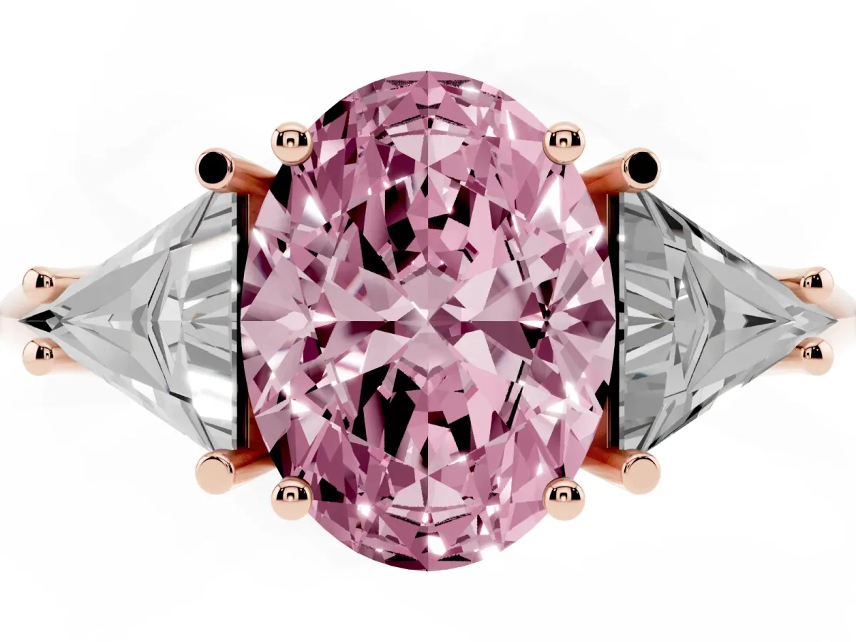 Fancy Pink Three-Stone Oval Cut Diamond Engagement Ring with Trillion Side Stones and Prong Setting Rose gold