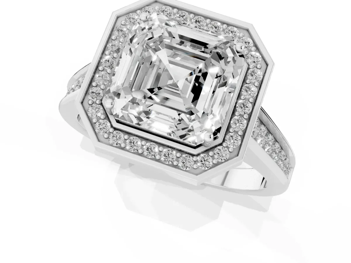 Asscher Cut Halo Solitaire Diamond Ring with Pave Band and Bezel Setting Silver