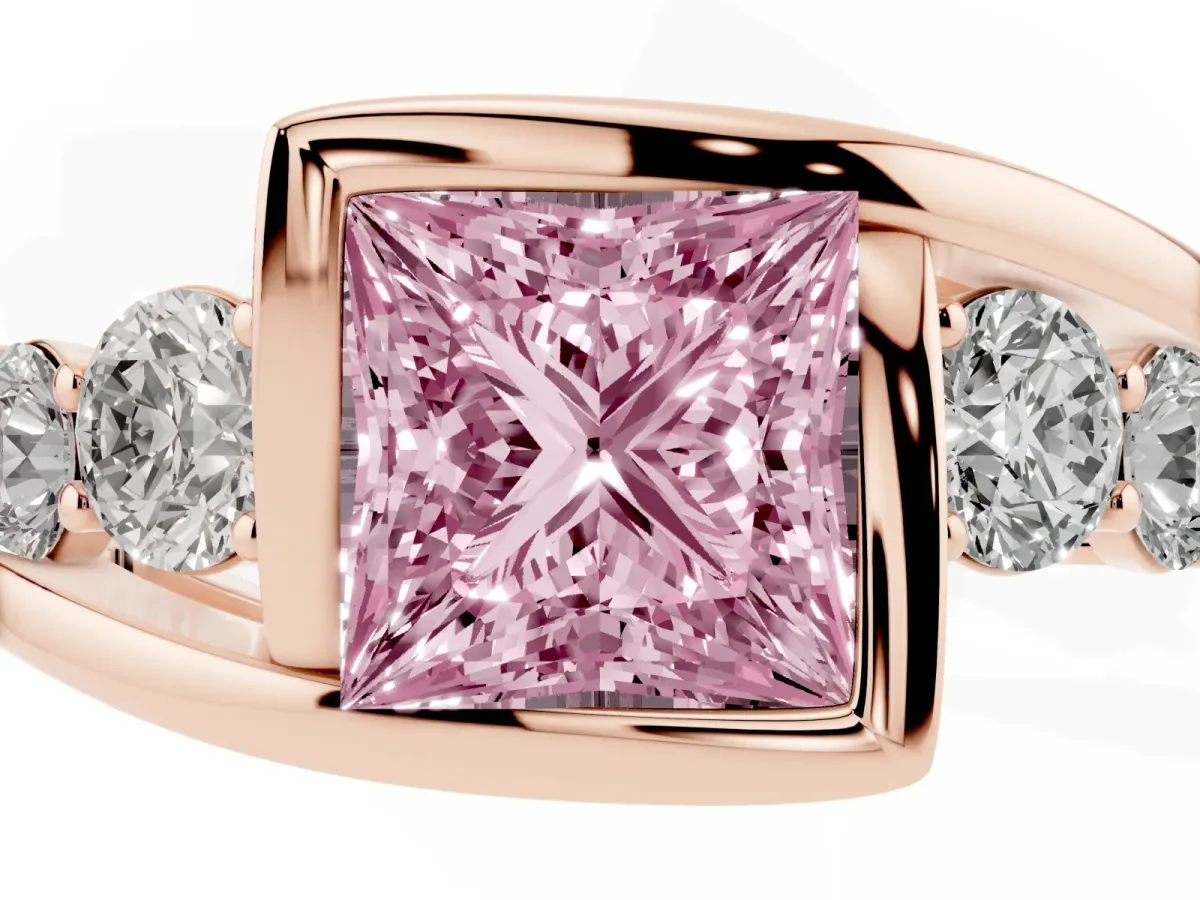 Fancy Pink Bezel Set Princess Cut Diamond Bypass Ring with Round Accents Rose gold