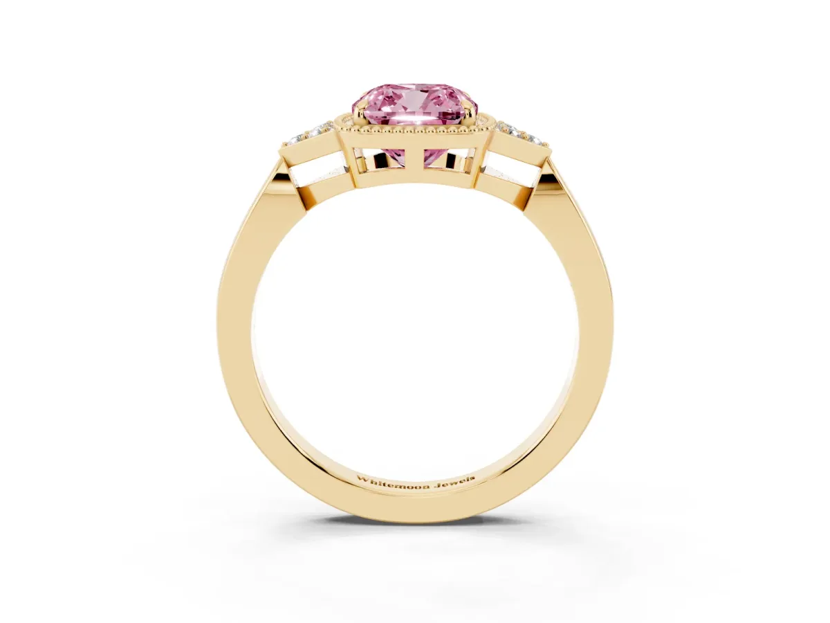 Fancy Pink Hexagonal Halo Cushion Cut Diamond Solitaire with Pavé Band and Four-Prong Setting Yellow gold