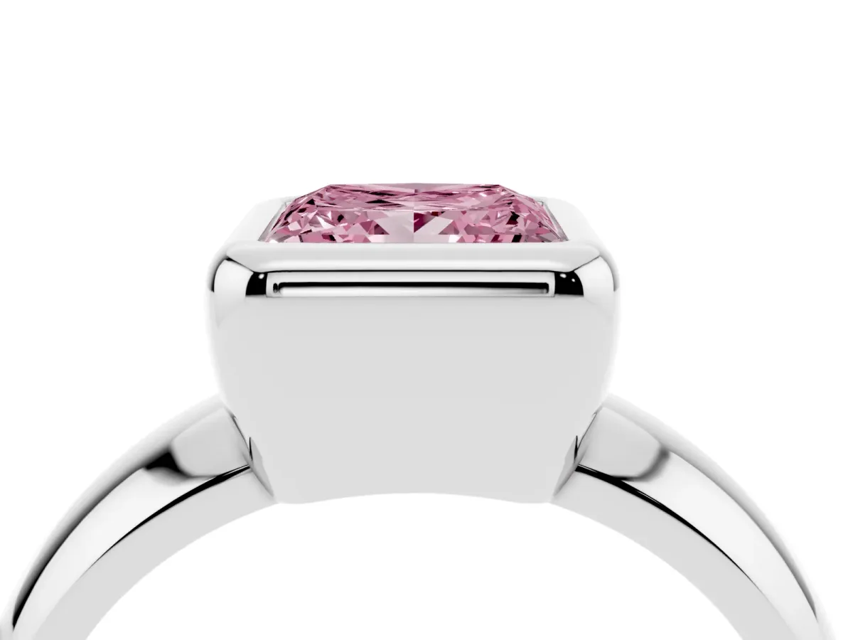 Fancy Pink Bezel Set Princess Cut Solitaire Ring with Wide Band Platinum