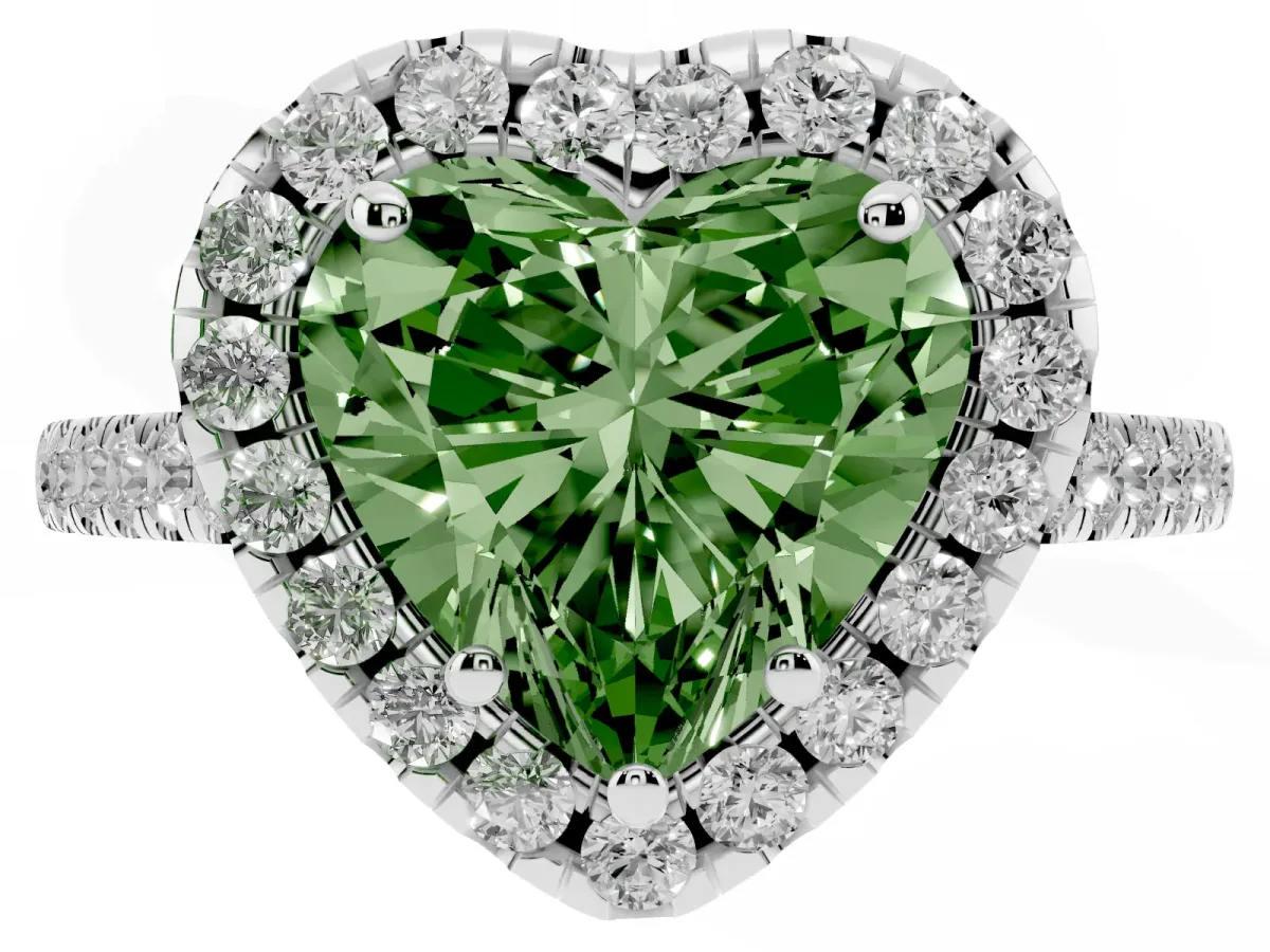 Fancy Green Heart Cut Halo Pavé Diamond Engagement Ring with Four-Prong Setting Silver