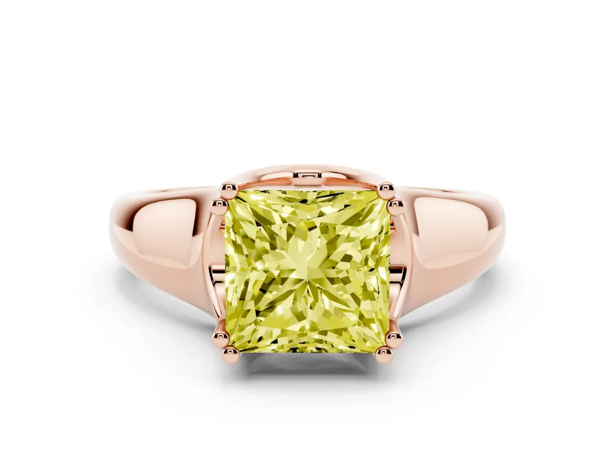 Fancy Yellow Princess Cut Diamond Solitaire Ring with Wide Band and Prong Setting Rose gold