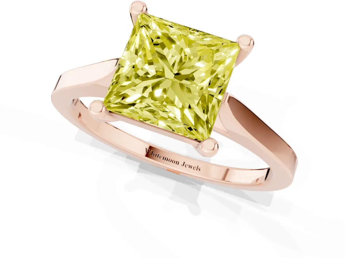 Fancy Yellow Princess Cut Solitaire Diamond Ring with Four-Prong Setting and Tapered Band Rose gold