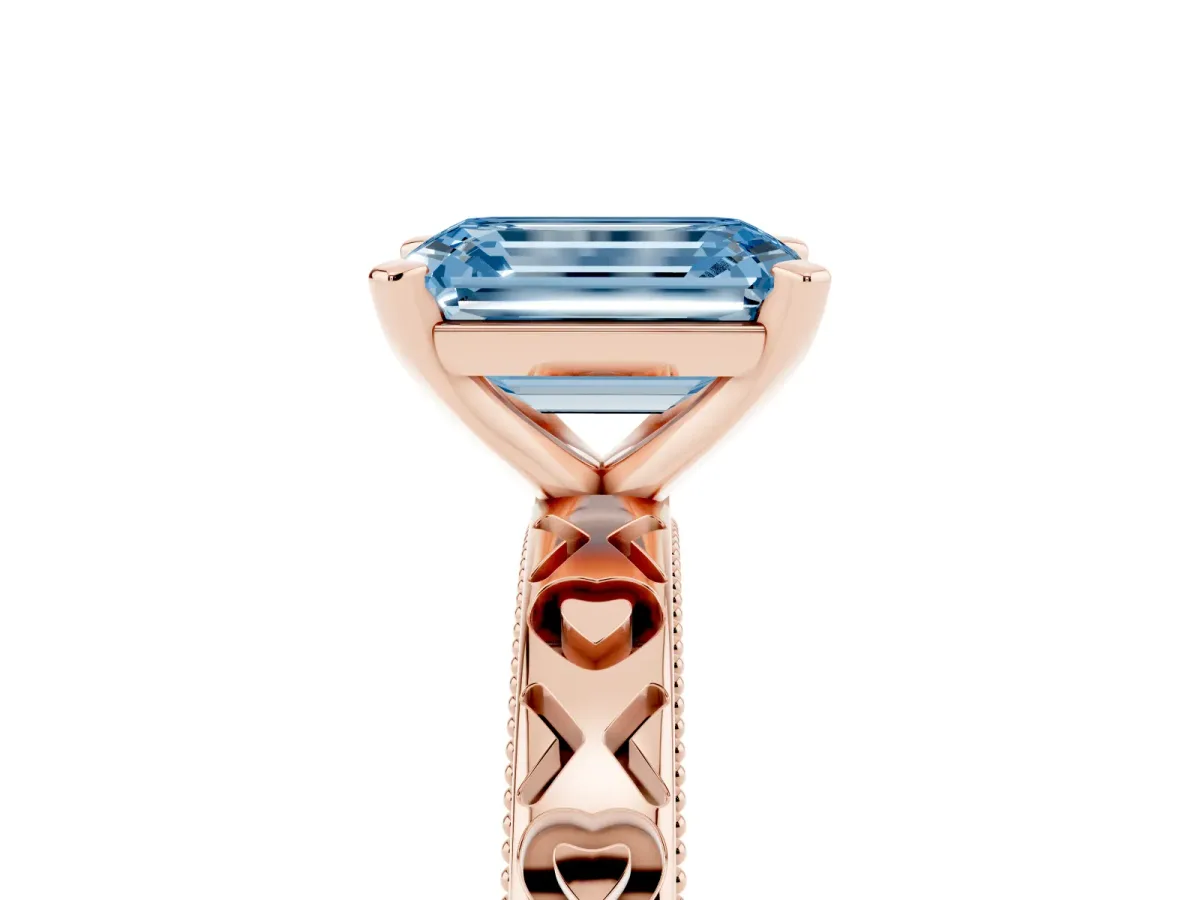 Fancy Blue Emerald Cut Solitaire Diamond Engagement Ring with XO Engraved Band and Four-Prong Setting Rose gold