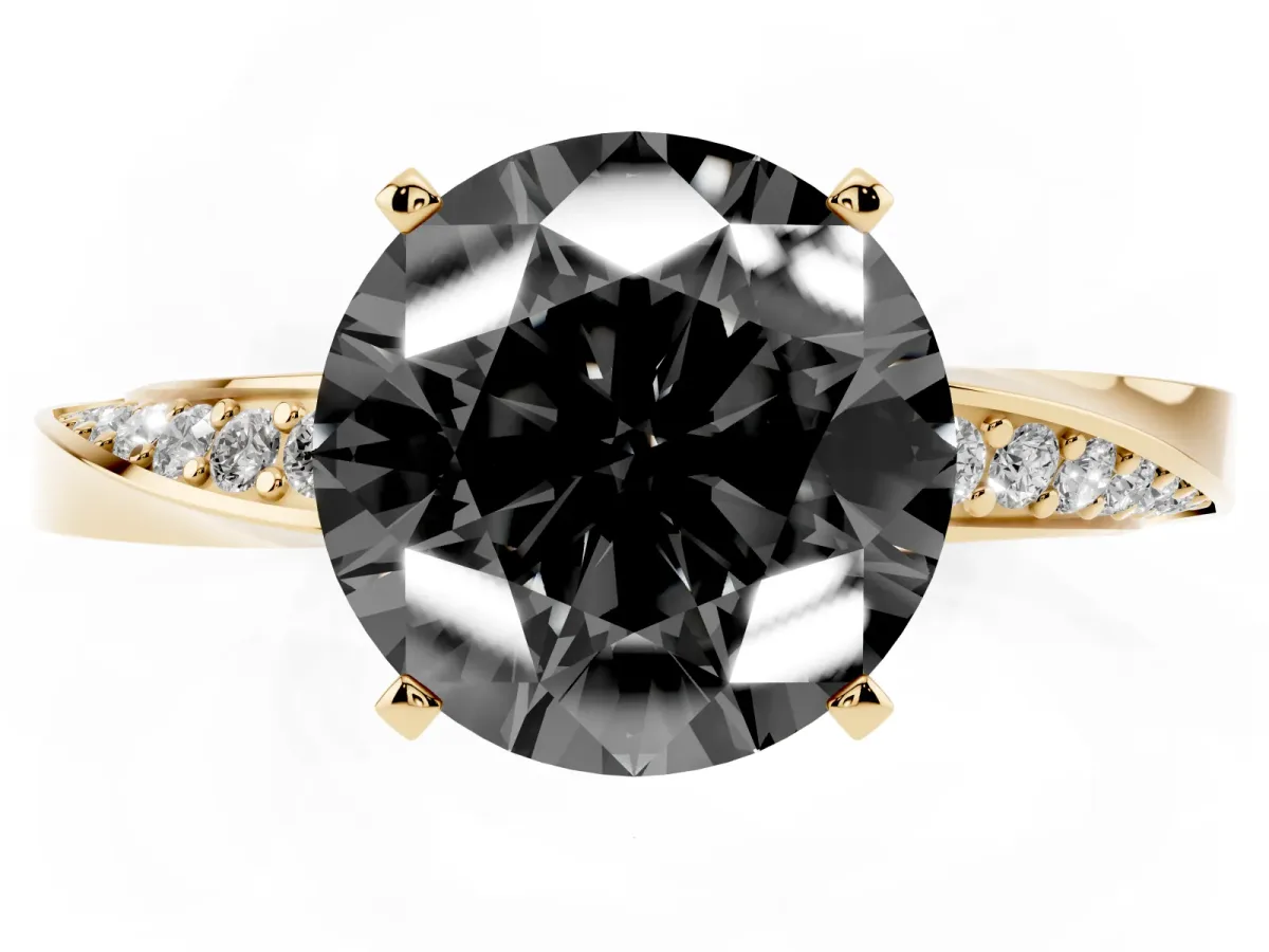 Fancy Black Round Cut Diamond Engagement Ring with Side Stone Accents and Four-Prong Setting Yellow gold