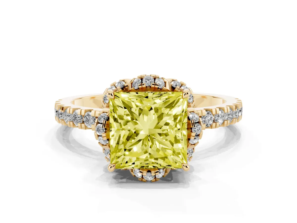 Fancy Yellow Princess Cut Diamond Halo Pave Band with Four-Prong Setting Yellow gold