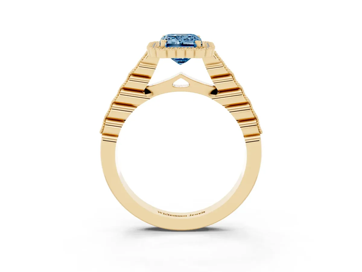 Fancy Blue Emerald Cut Cut Halo Pavé Solitaire Ring with Milgrain Band Yellow gold