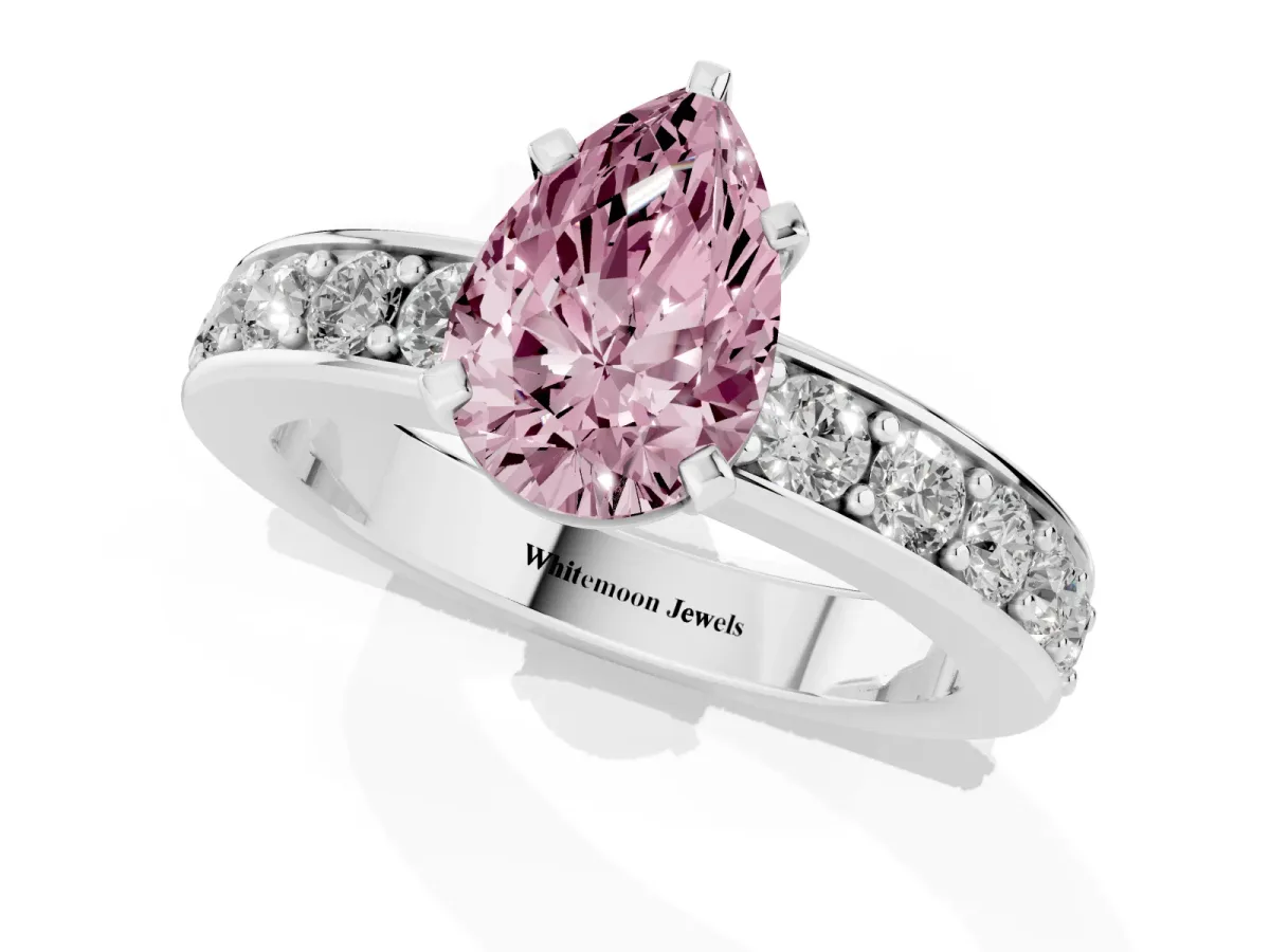 Fancy Pink Pear Cut Diamond Engagement Ring with Channel Set Round Band and Prong Setting Silver