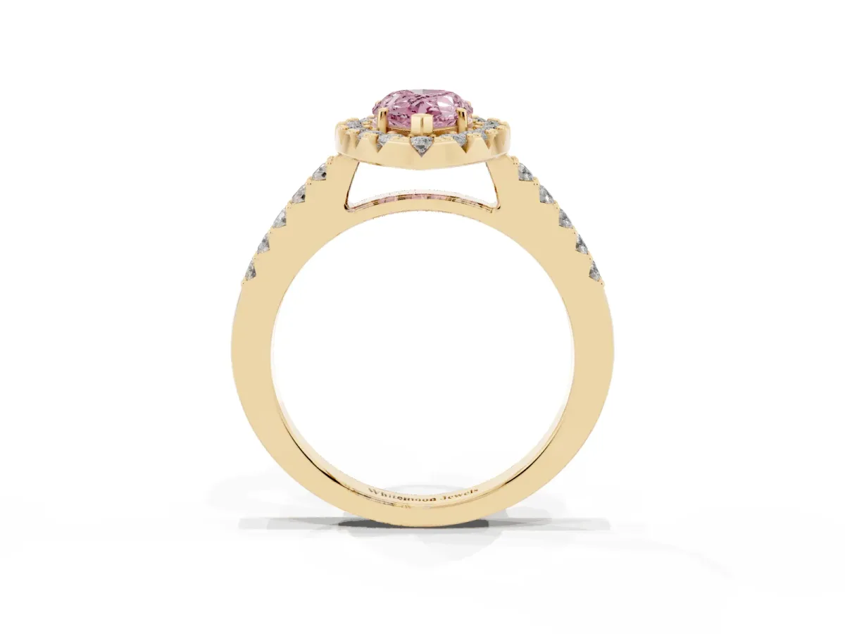Fancy Pink Pear Cut Halo Diamond Pavé Solitaire Ring Yellow gold