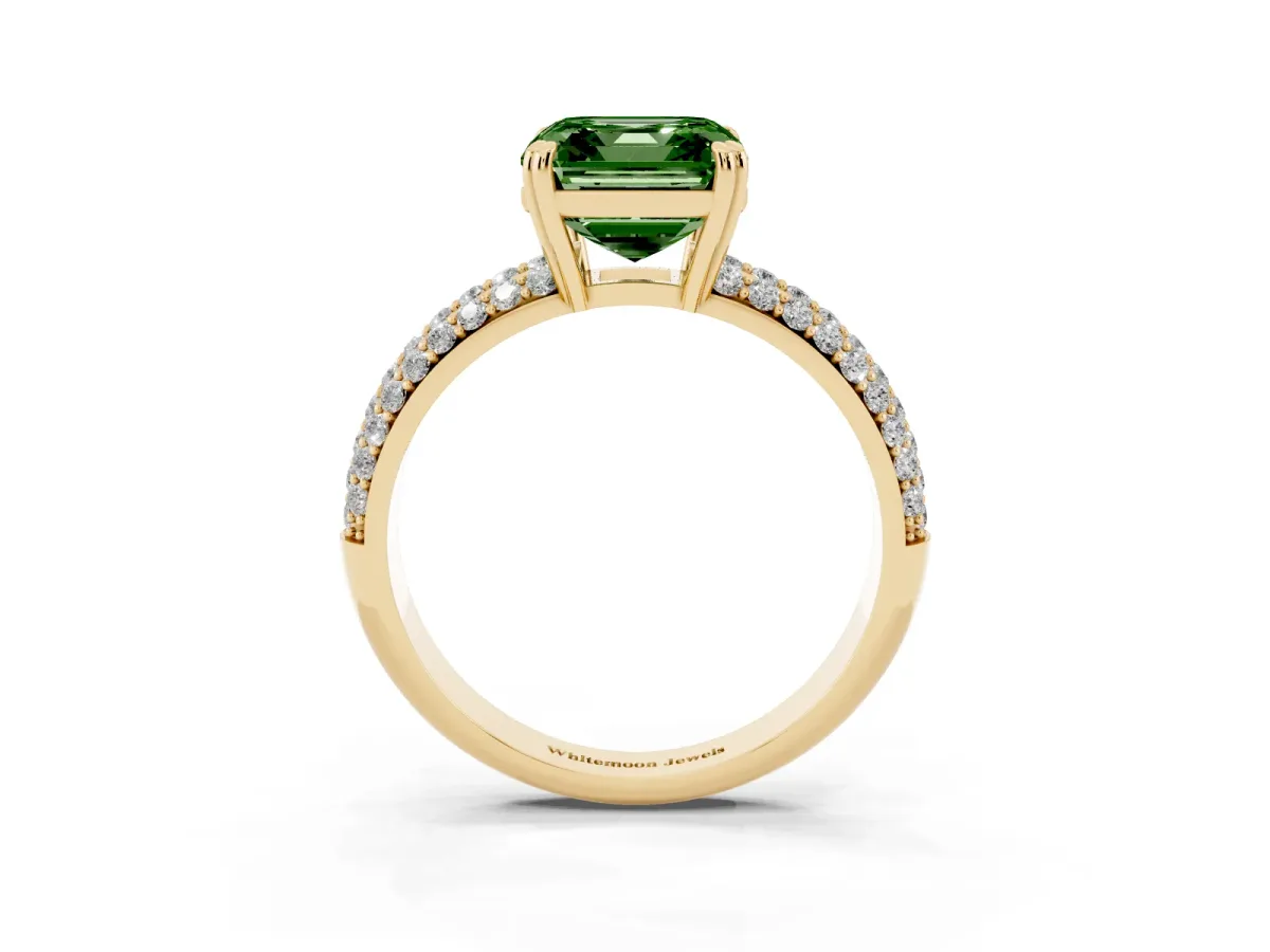 Fancy Green Asscher Cut Diamond Solitaire Ring with Multi-Row Round Pavé Band and Prong Setting Yellow gold