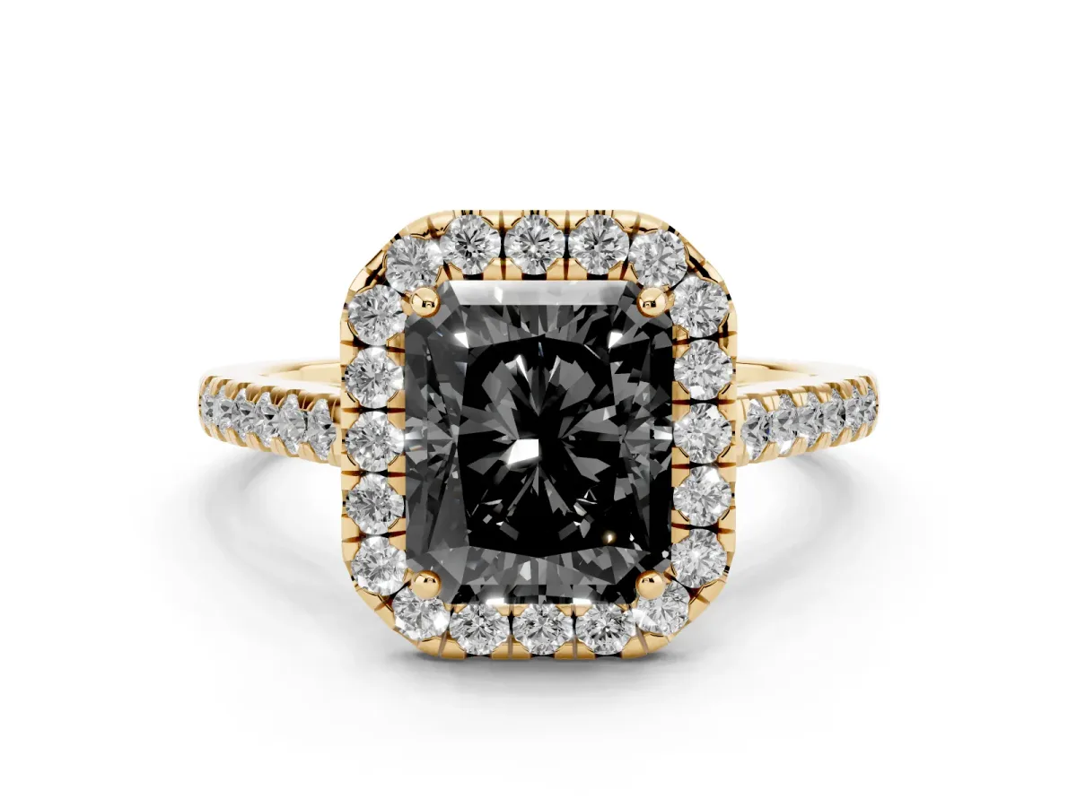 Fancy Black Radiant Cut Halo Pave Diamond Engagement Ring with Four-Prong Setting Yellow gold