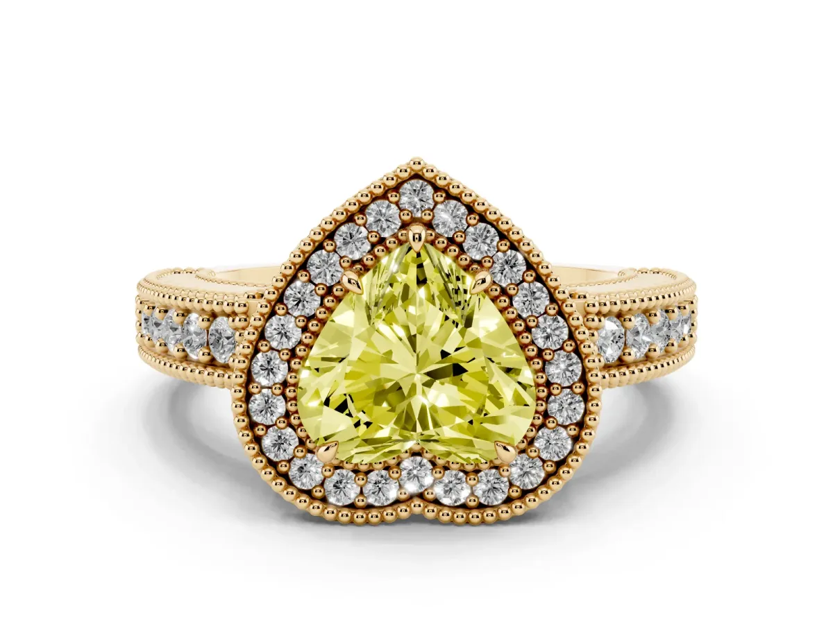 Fancy Yellow Heart Cut Cut Halo Diamond Ring with Pavé Band and Four-Prong Setting Yellow gold