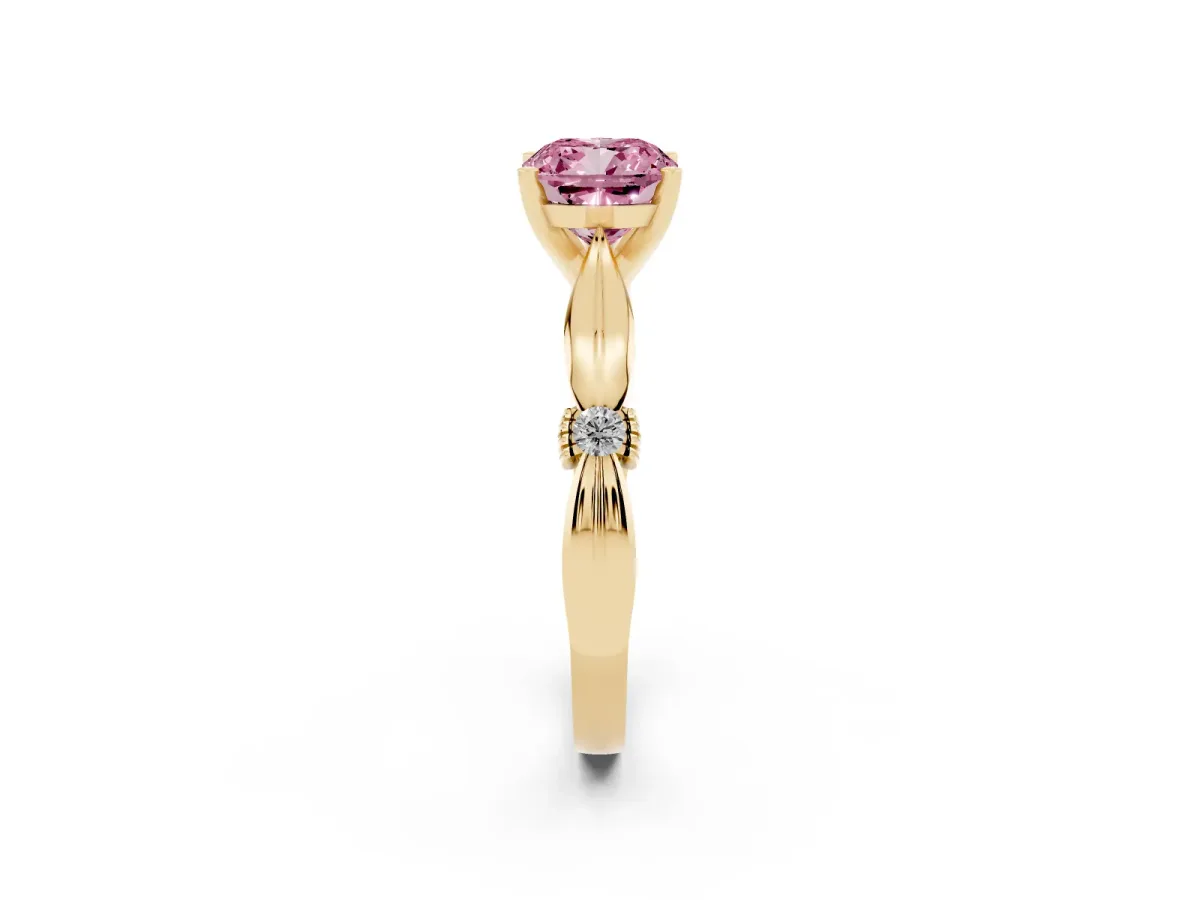 Fancy Pink Cushion Cut Solitaire Diamond Twisted Band with Four-Prong Setting Yellow gold