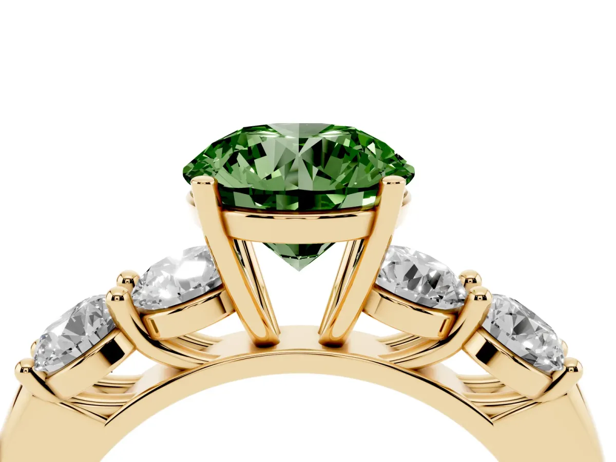 Fancy Green Round Cut Cut Five-Stone Prong Set Diamond Ring with Classic Band Yellow gold