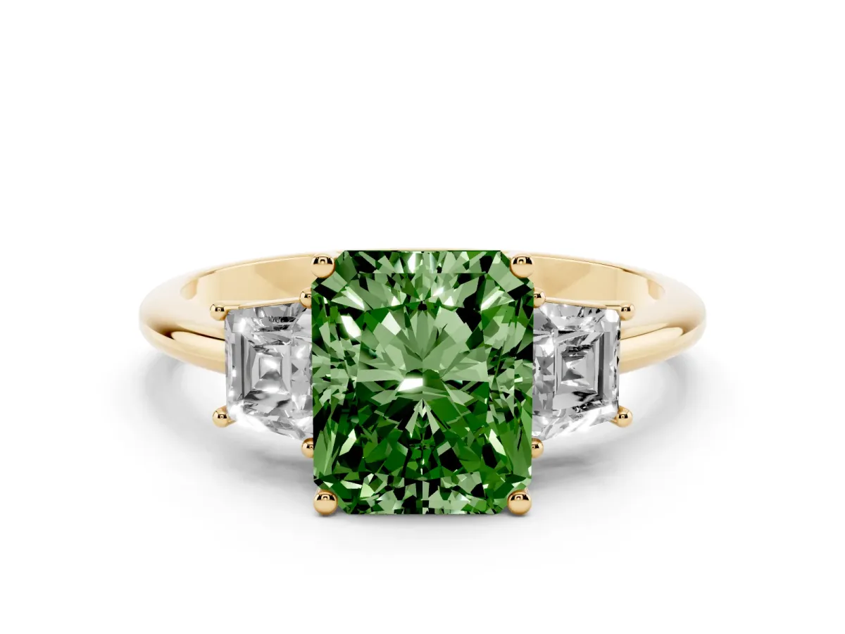 Fancy Green Radiant Cut Diamond Three-Stone Ring with Trapezoid Side Stones and Prong Setting Yellow gold