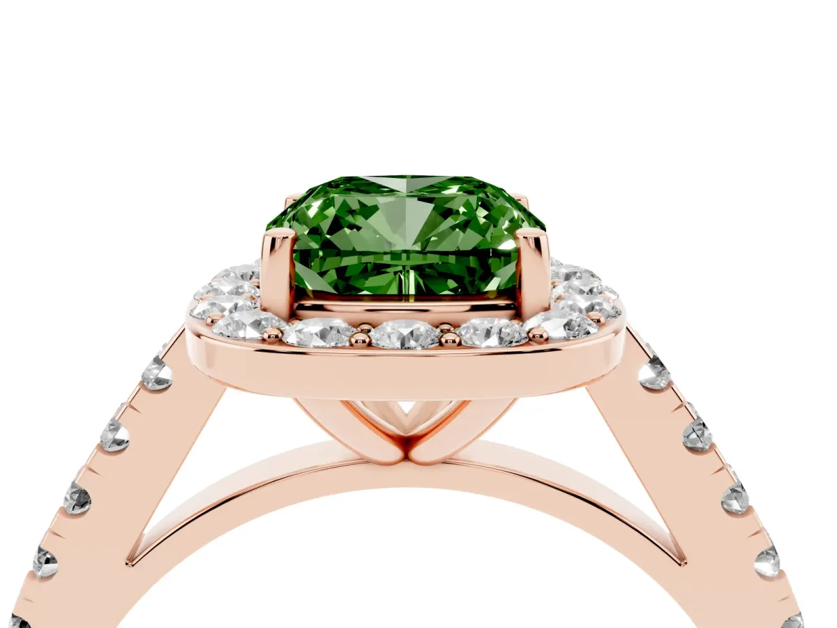 Fancy Green Cushion Cut Diamond Halo Ring with Round Pavé Split Shank and Prong Setting Rose gold