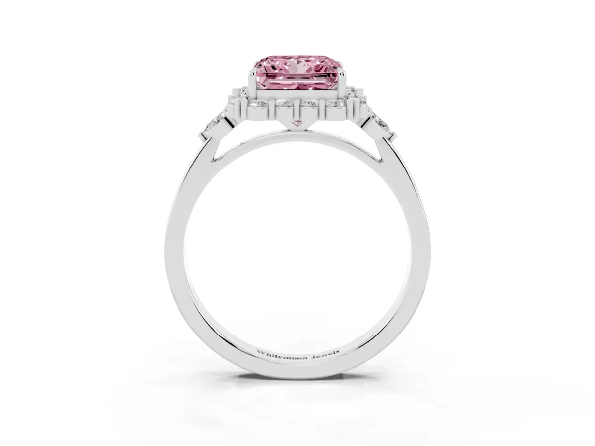 Fancy Pink Princess Cut Diamond Halo Ring with Pear Side Stones and Prong Setting Silver