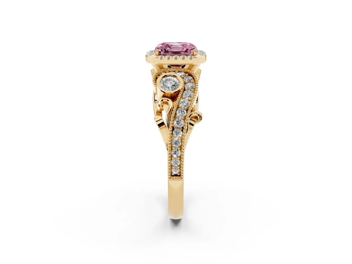 Fancy Pink Asscher Cut Diamond Halo Ring with Milgrain Pavé Band and Four-Prong Setting Yellow gold