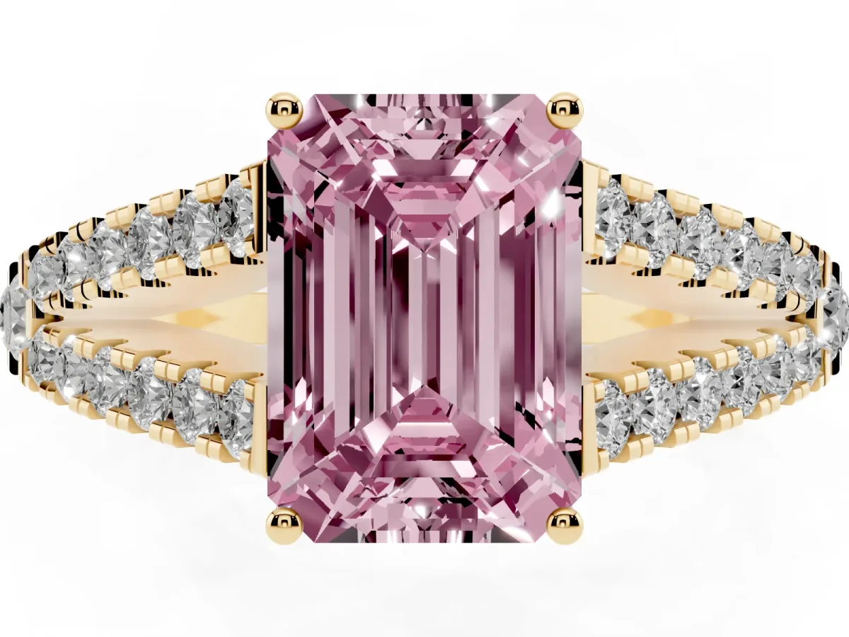 Fancy Pink Emerald Cut Diamond Split Shank Engagement Ring with Round Pavé and Prong Setting Yellow gold