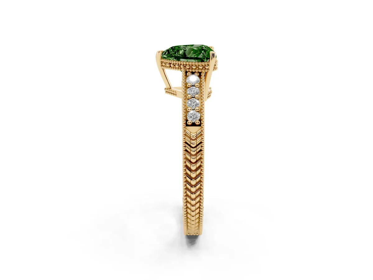 Fancy Green Heart Cut Solitaire Pavé Diamond Milgrain Engagement Ring with Four-Prong Setting Yellow gold