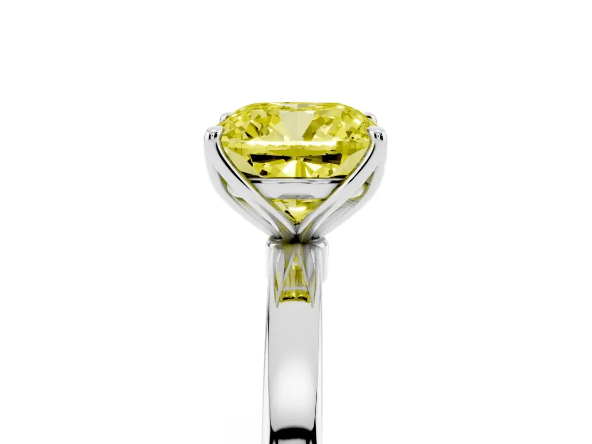 Fancy Yellow Cushion Cut Diamond Solitaire Ring with Thin Band and Prong Setting White gold