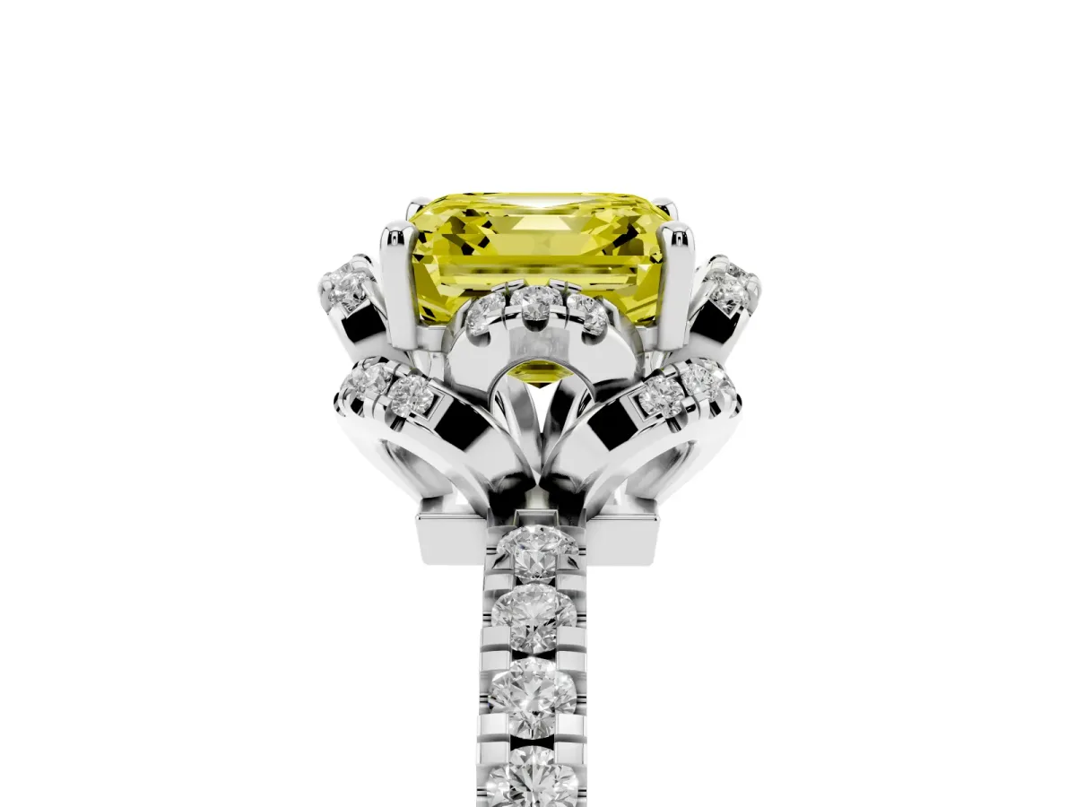 Fancy Yellow Asscher Cut Halo Diamond Pave Band Ring with Four-Prong Setting Silver