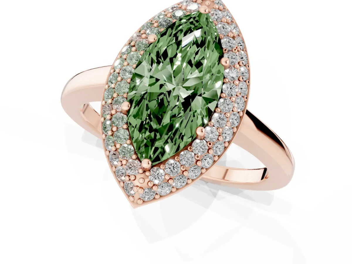 Fancy Green Marquise Cut Halo Diamond Engagement Ring with Solitaire Band and Four-Prong Setting Rose gold