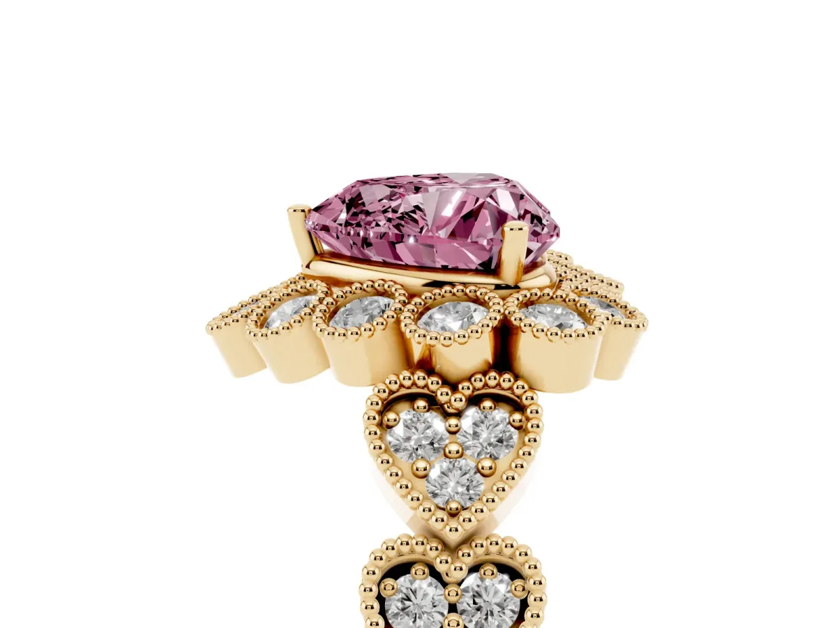 Fancy Pink Heart Cut Brilliant Milgrain Pave Heart Band Solitaire Ring Yellow gold