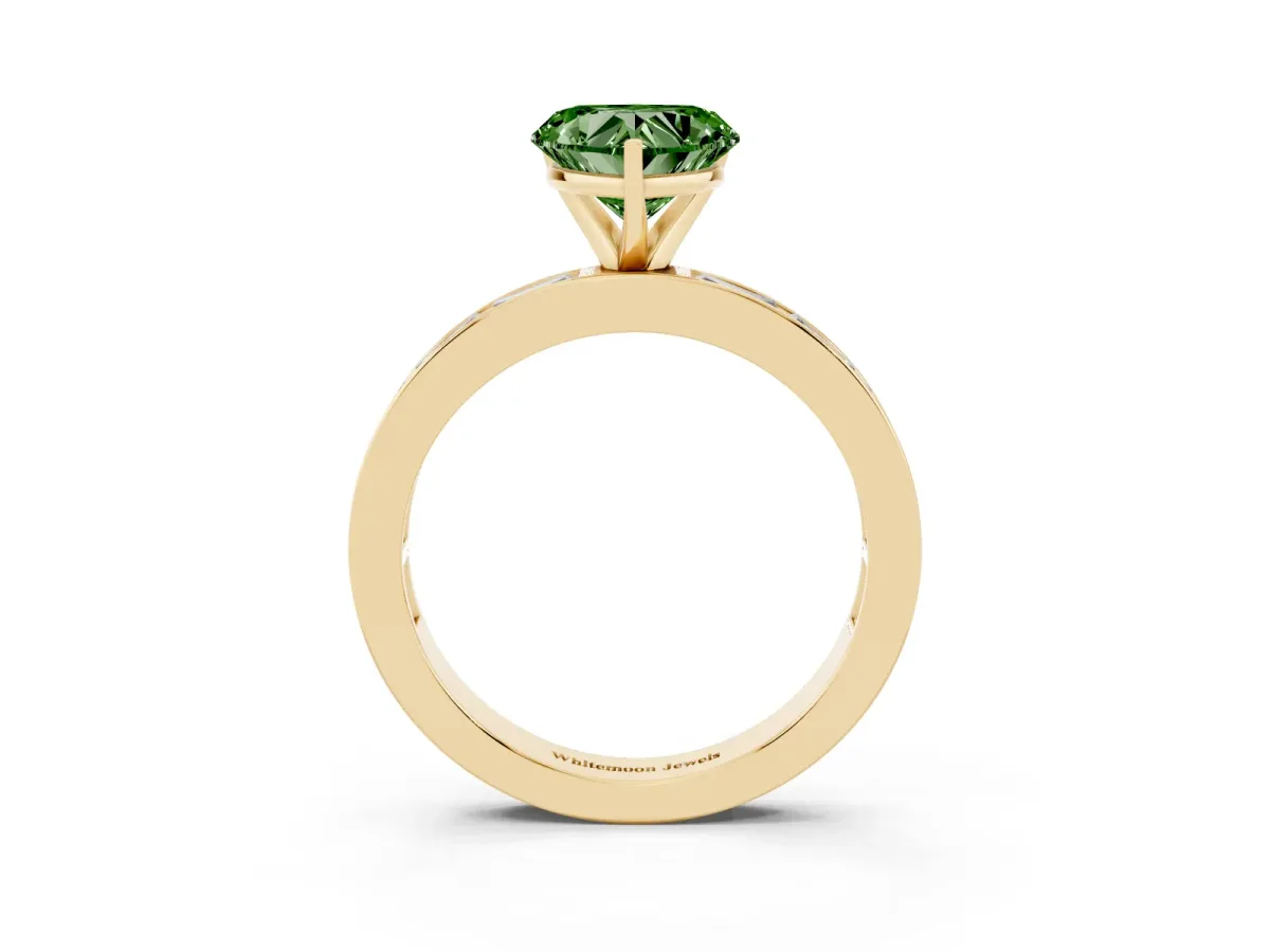 Fancy Green Heart Cut Solitaire Diamond Ring with Channel-Set Baguette Band and Four-Prong Setting Yellow gold