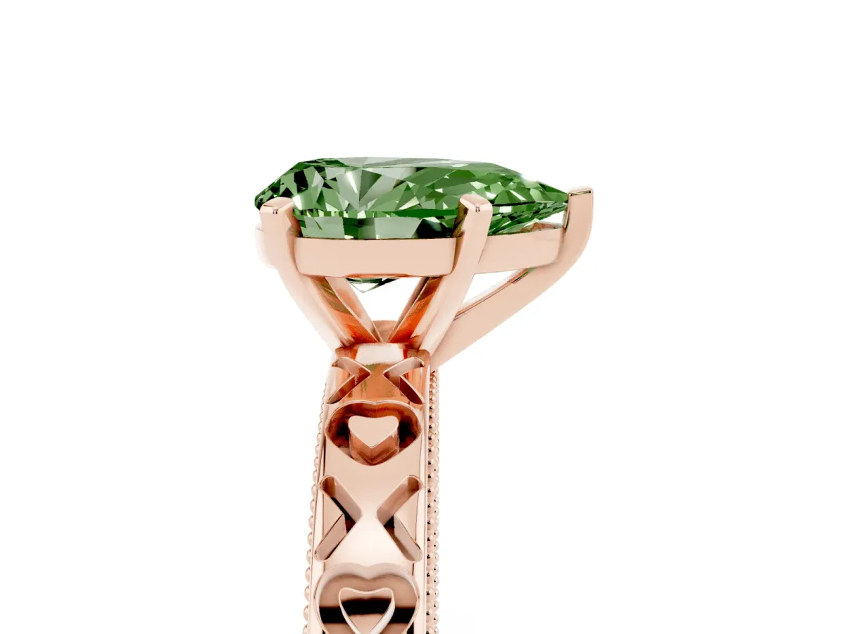 Fancy Green Pear Cut Solitaire Diamond Engagement Ring with XO Engraved Band and Four-Prong Setting Rose gold