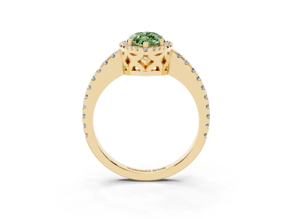 Fancy Green Marquise Cut Diamond Halo Engagement Ring with Pavé Band and Prong Setting Yellow gold