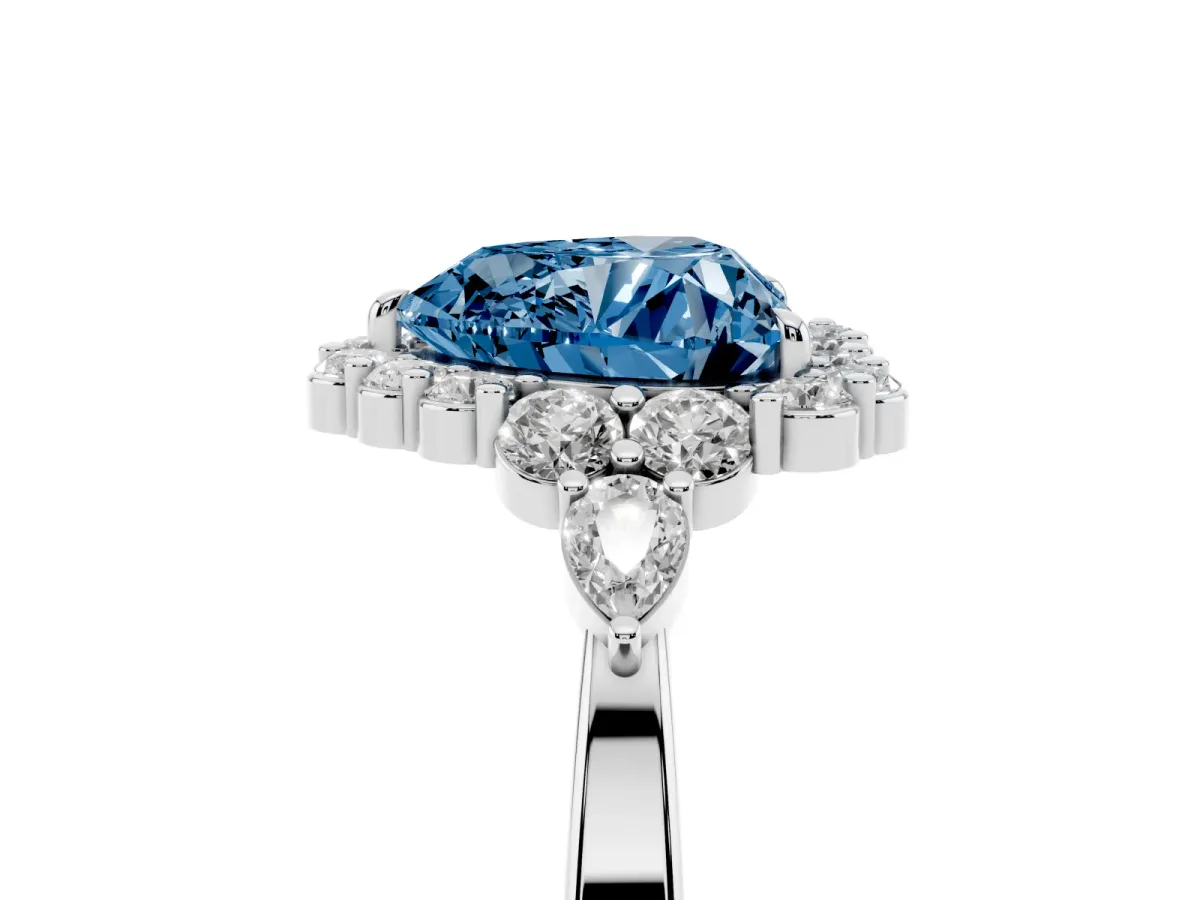 Fancy Blue Heart Cut Diamond Halo Ring with Pear Side Stones and Prong Setting Silver