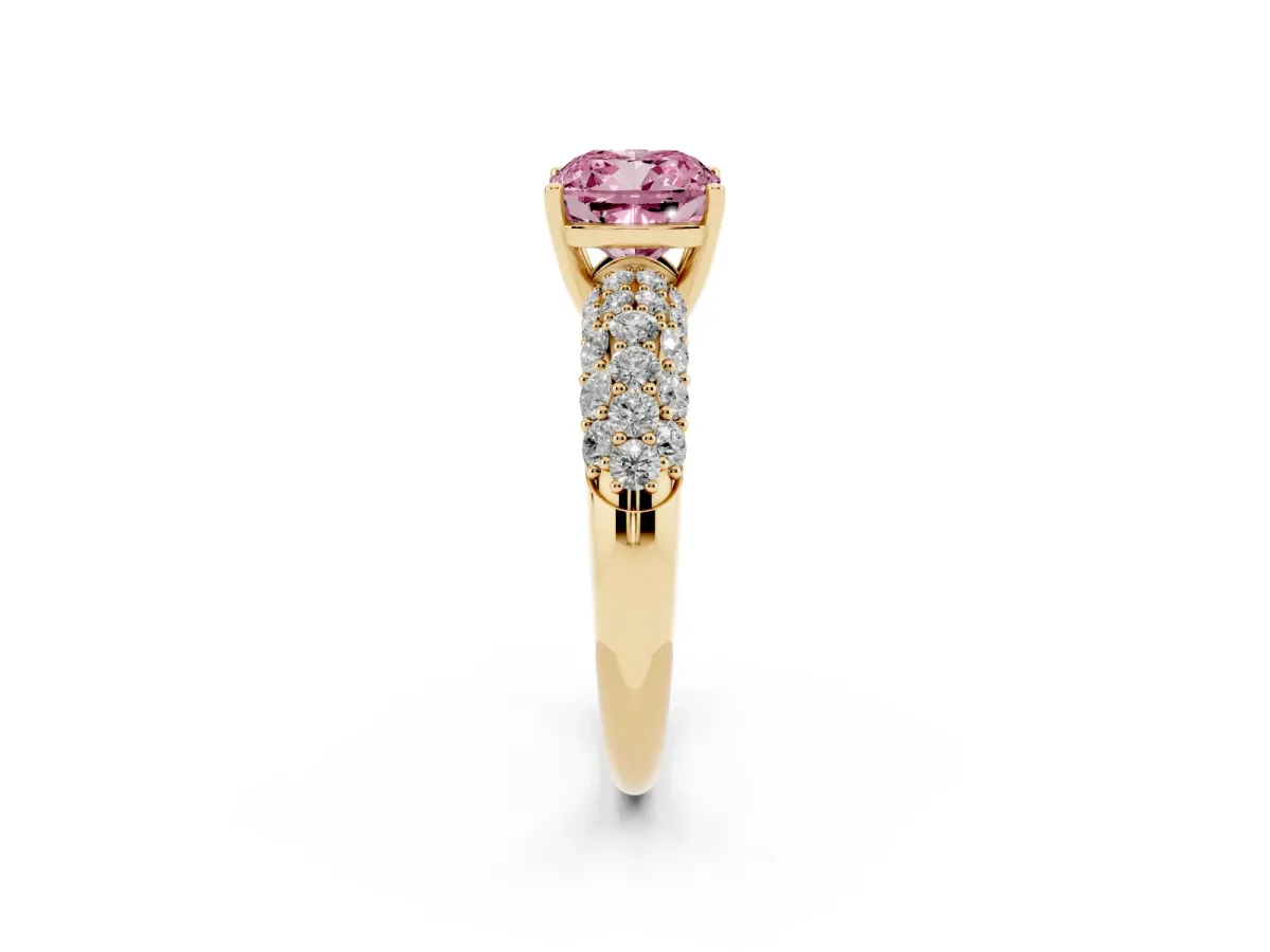 Fancy Pink Cushion Cut Diamond Pavé Band Solitaire Ring with Four-Prong Setting Yellow gold