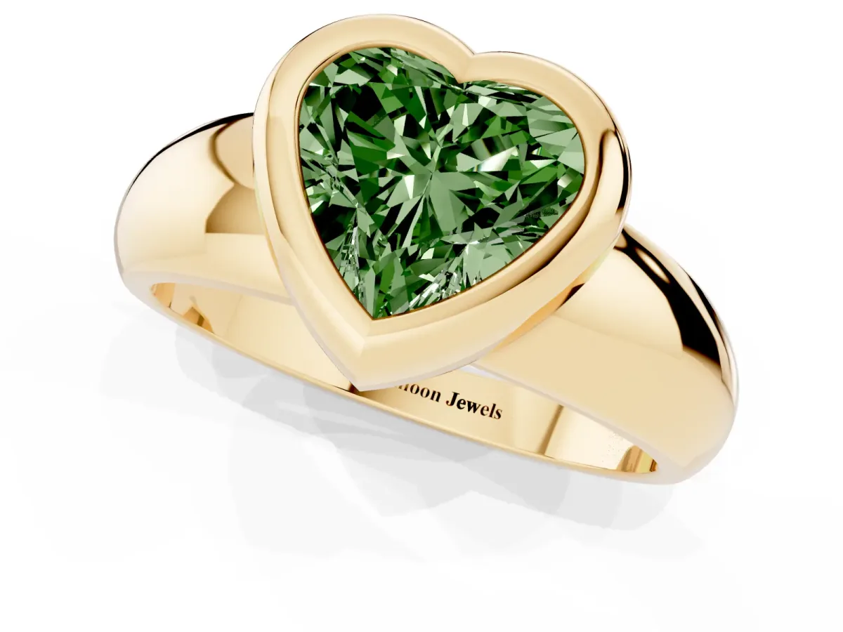 Fancy Green Bezel Set Heart Cut Solitaire Ring with Wide Band Yellow gold