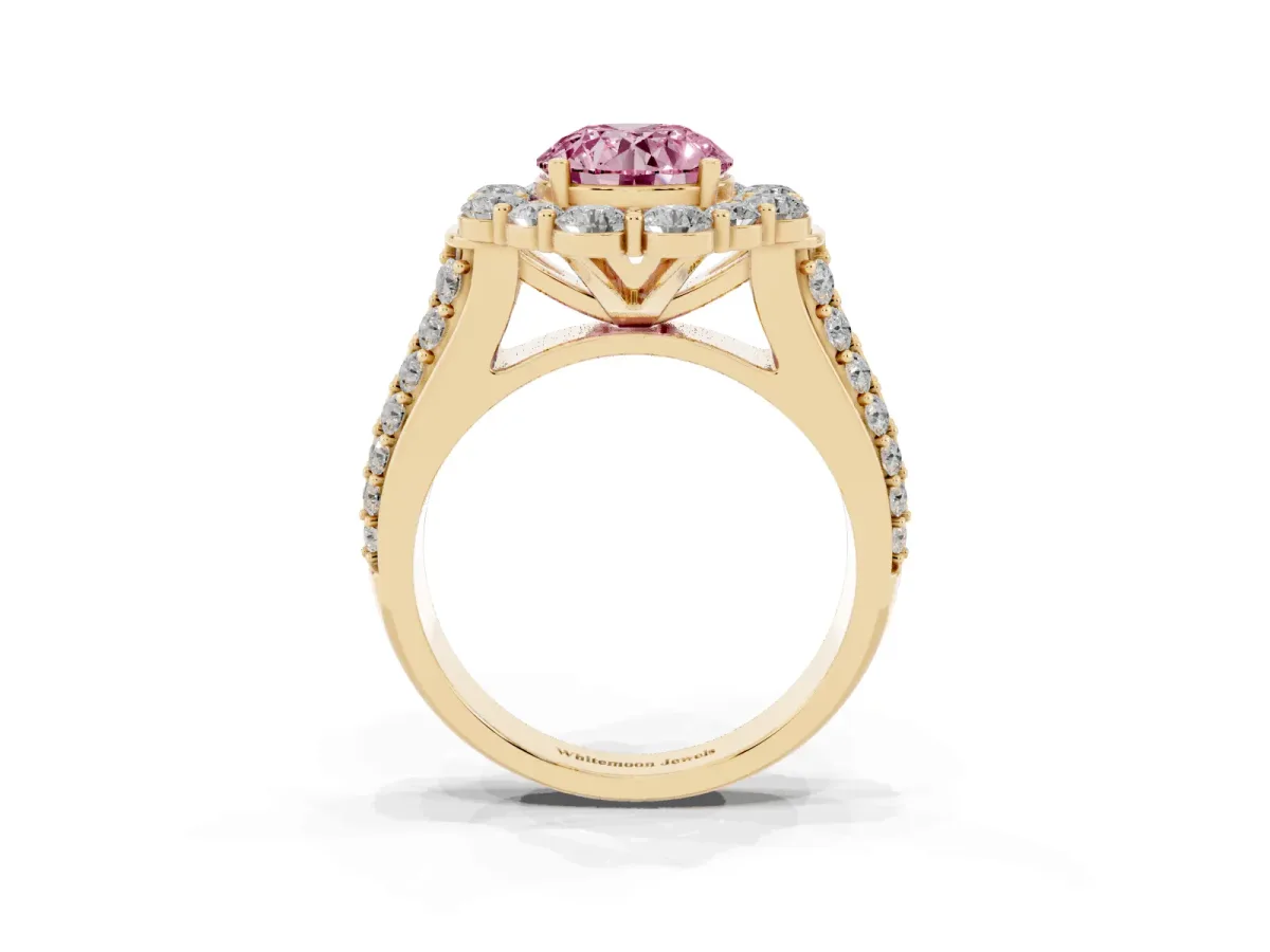 Fancy Pink Round Cut Halo Diamond Engagement Ring with Split Shank and Prong Setting Yellow gold