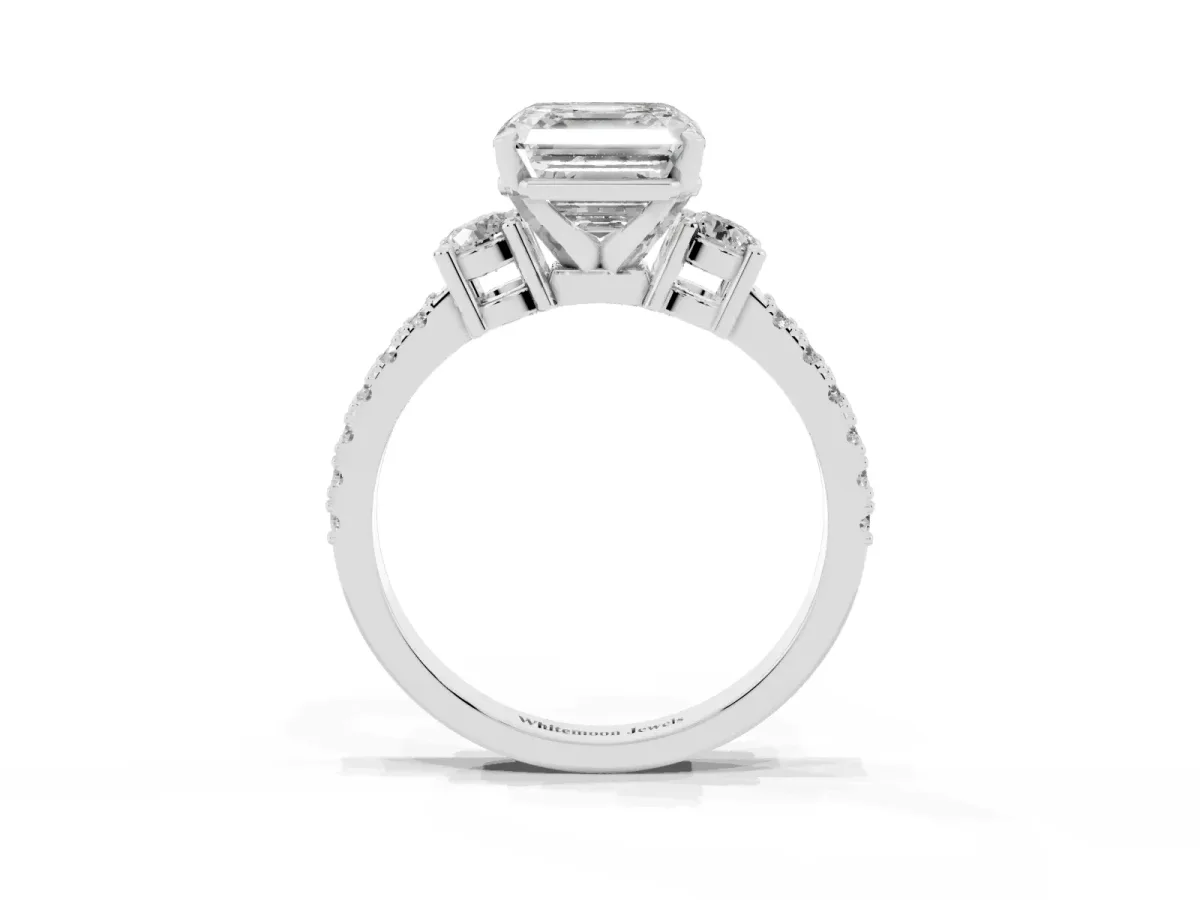 Asscher Cut Three-Stone Diamond Pavé Band with Prong Setting Platinum