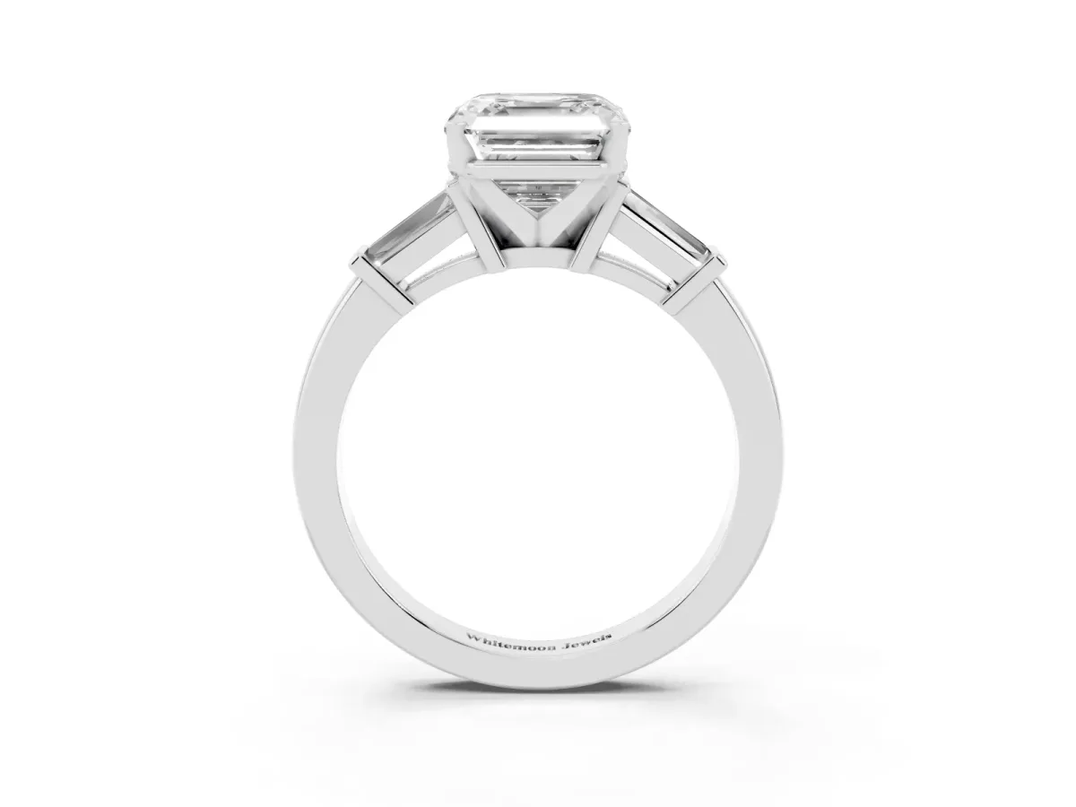 Asscher Cut Cut Diamond Solitaire Ring with Tapered Baguette Accents and Four-Prong Setting Platinum