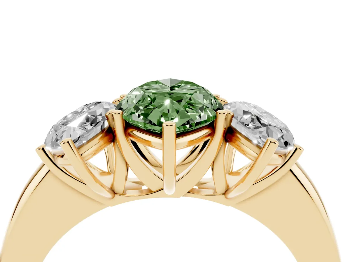Fancy Green Marquise Cut Diamond Three-Stone Ring with Four-Prong Setting and Classic Band Yellow gold